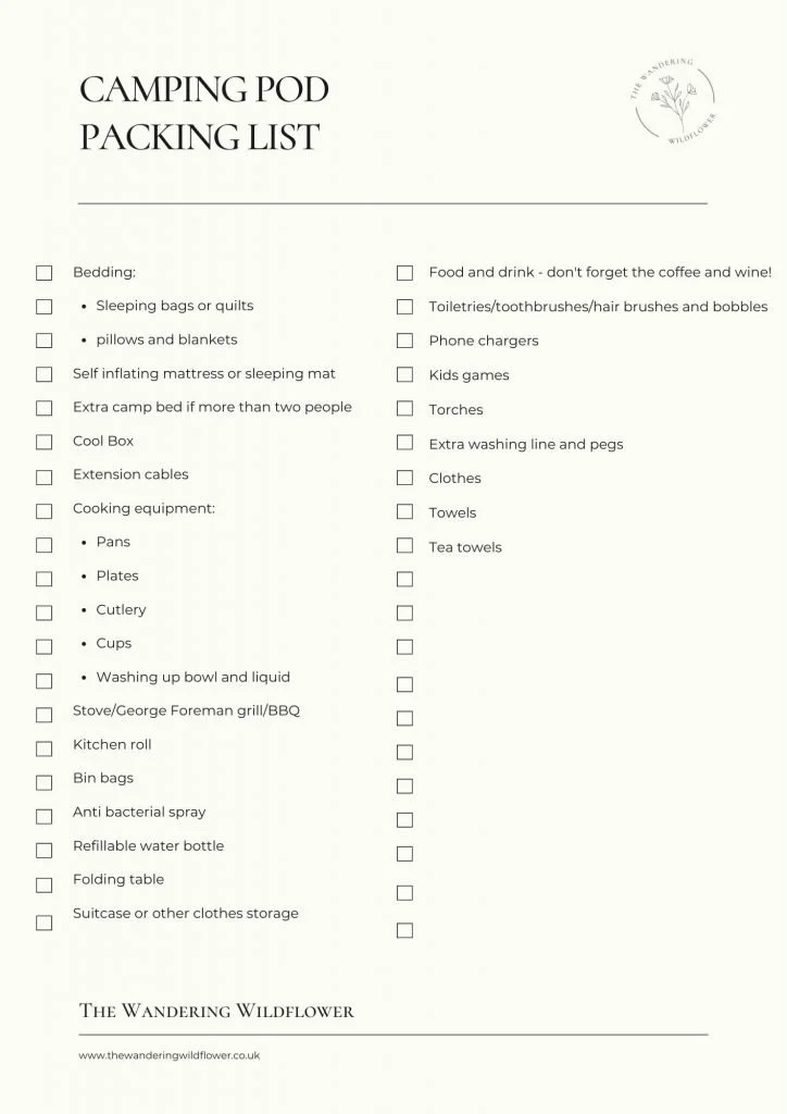 Free printable camping pod checklist from The Wandering Wildflower