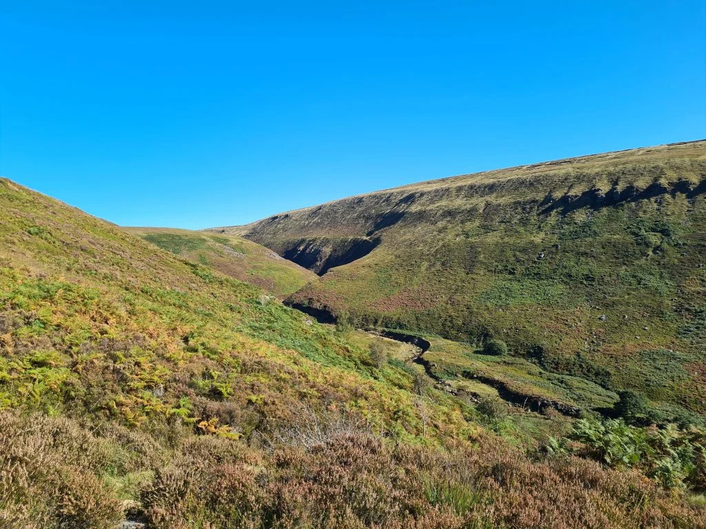 View of Hey Moss and Bareholme Moss with Crowden Little Brook cutting between them - The Wandering Wildflower