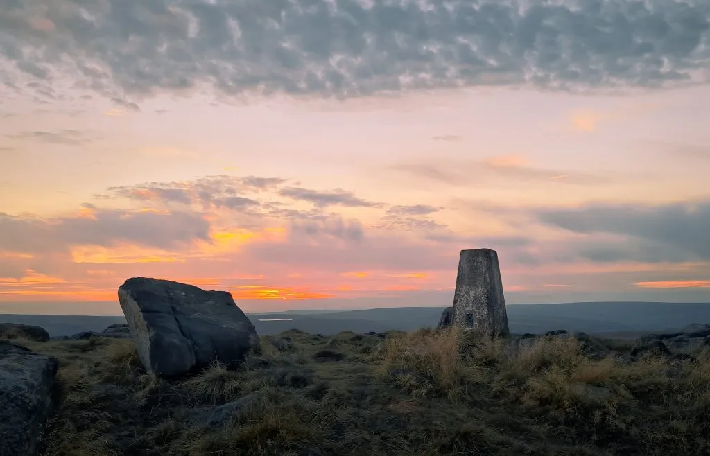 Peak District Sunset at West Nab trig point - The Wandering Wildflower