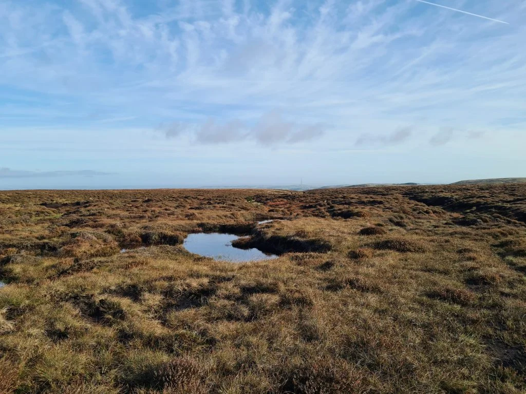 Boggy peat moorland near Britland Edge Hill with blue skies