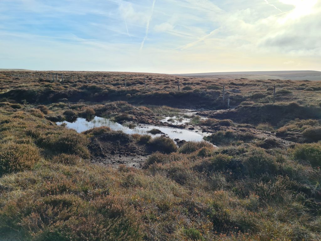 Boggy peat moorland near Dead Edge End with blue skies