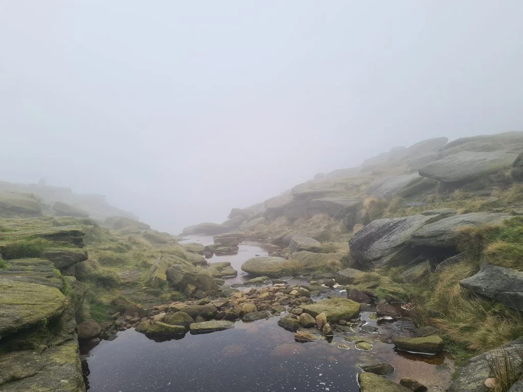 Top of Kinder Downfall in the mist