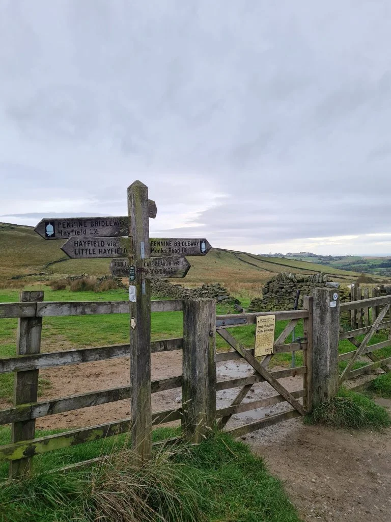 Wooden signpost and gate in Derbyshire countryside