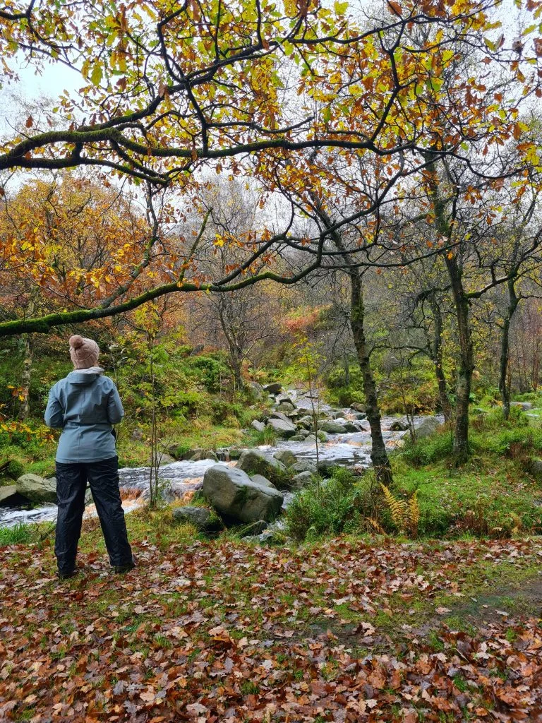 Woman in blue coat and waterproof trousers - The Wandering Wildflower