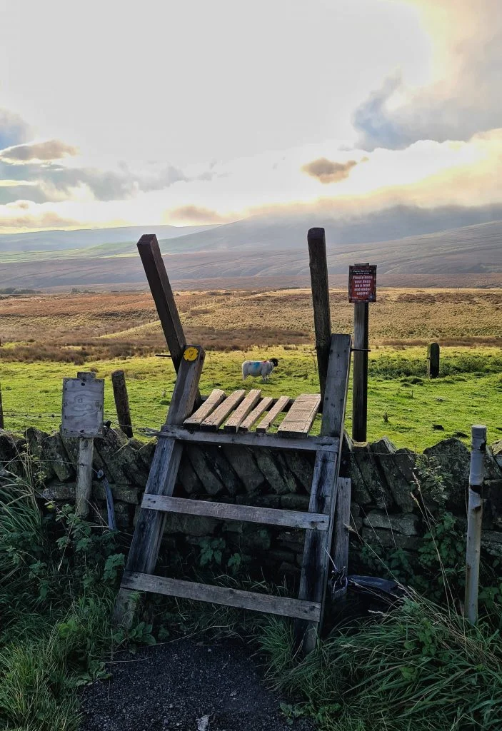 Stile onto Wessenden Moor with a misty Black Hill in the background - The Wandering Wildflower