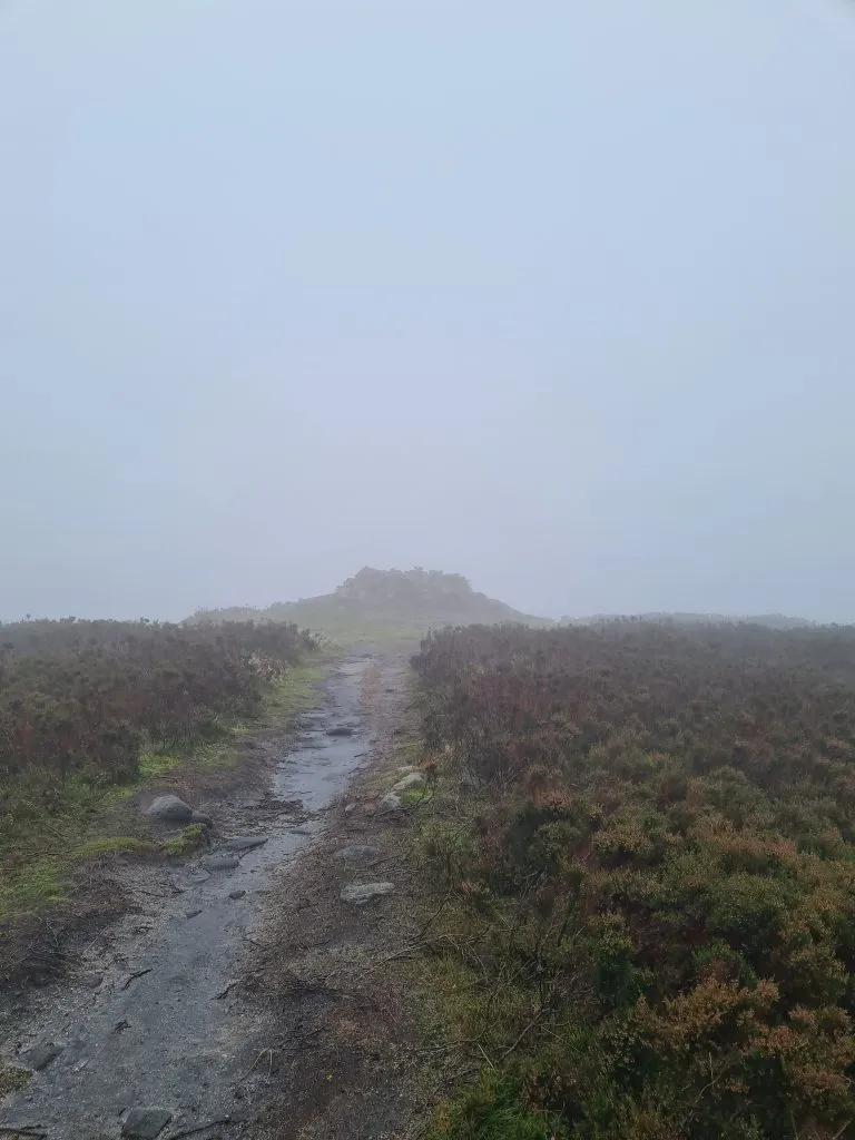 The cairn surrounding Alphin Pike trig point in the mist