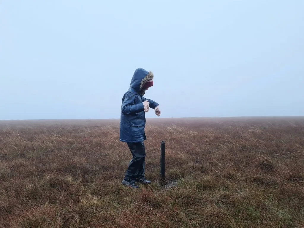 Small stake in the ground near the summit of Featherbed Top