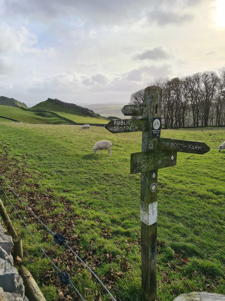 Wooden signpost in the Peak District looking towards Chrome Hill
