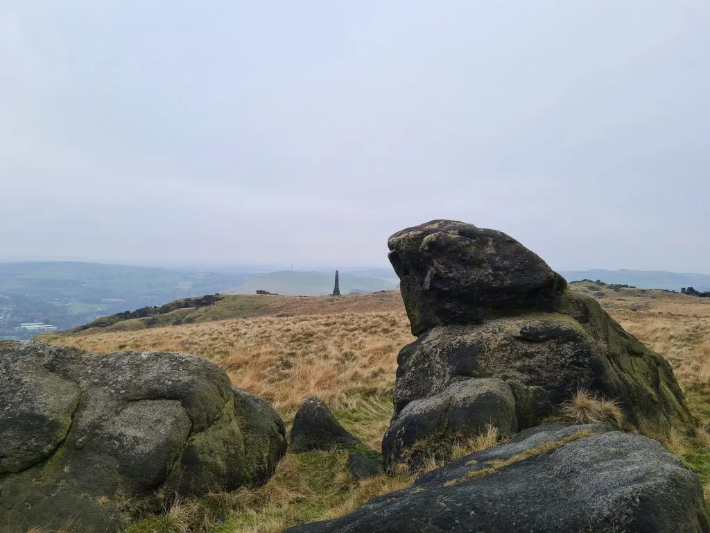 View of the war memorial from Oven Stone on Saddleworth Moor