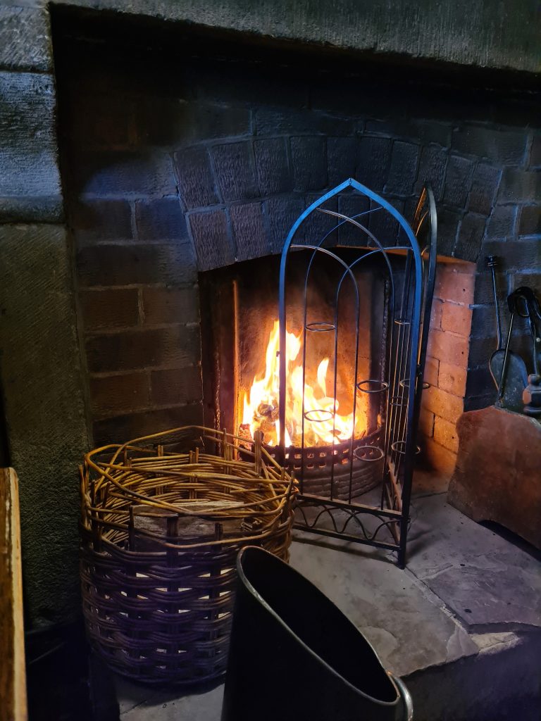 Roaring open coal fire in The Old Nags Head, Edale