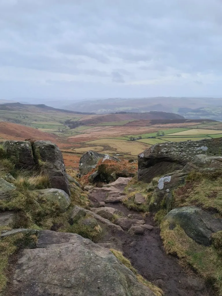 Path down from White Path Moss trig point with views over to Higger Tor