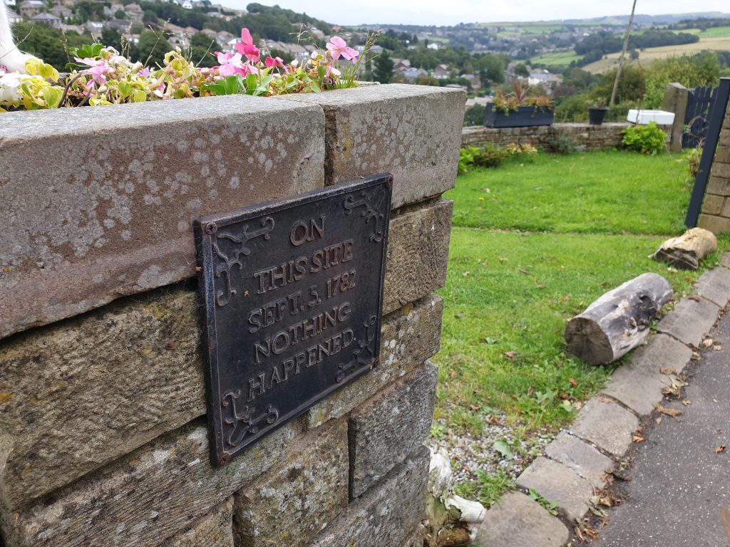 A plaque saying "On this Site, September 2rd 1782, Nothing Happened"