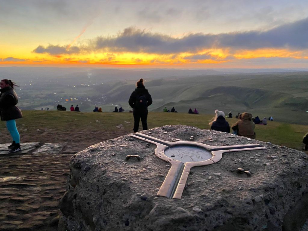 Sunrise at Mam Tor trig point - The Wandering Wildflower