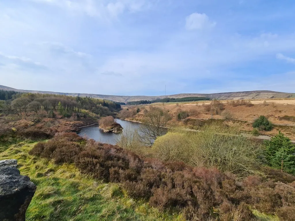 Views over Ramsden Reservoir to Holme Moss and Black Hill - Walks in Holmfirth by The Wandering Wildflower