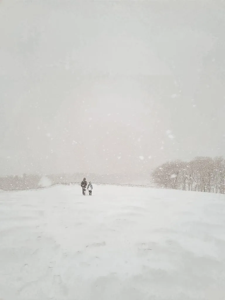 A man and his daughter walking across a snowy field