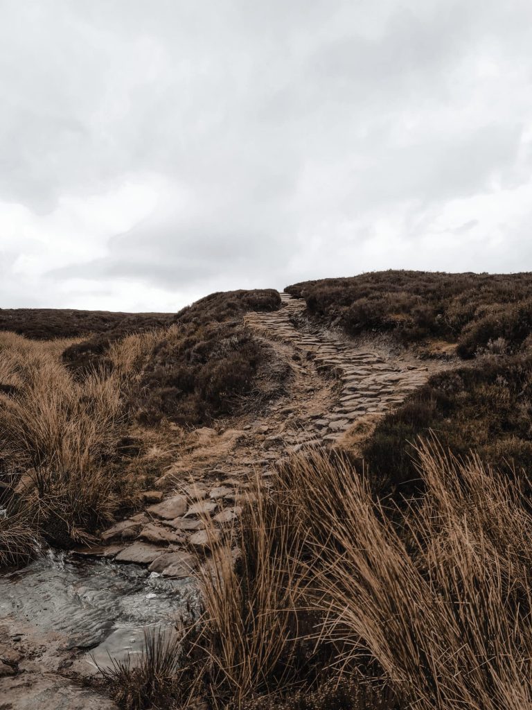 A cobbled path on the moors in winter