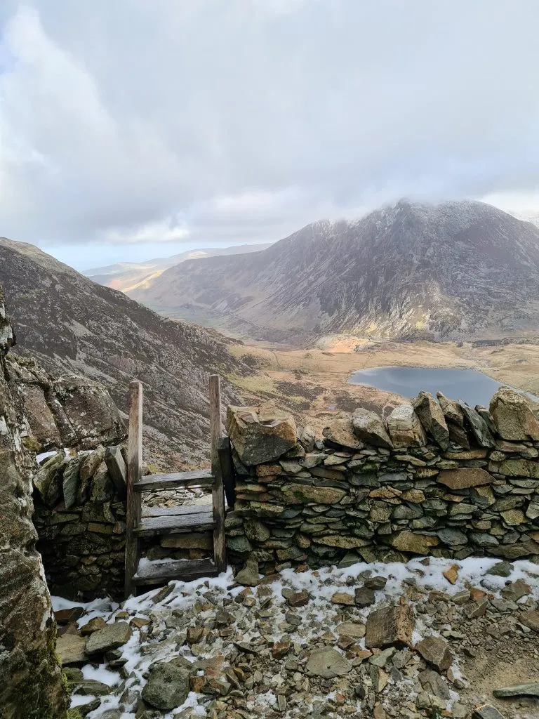 Views over a stile near Devils Kitchen to Pen Yr Ole Wen