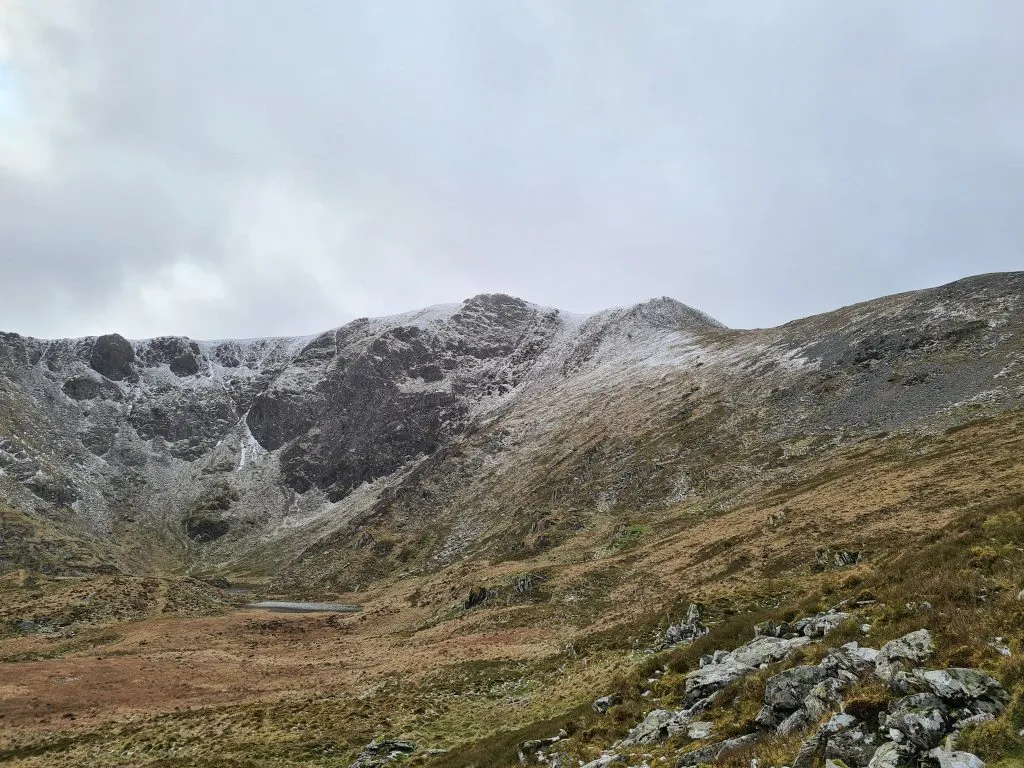 Views towards Y Garn with a dusting of snow as well as Llyn Clyd