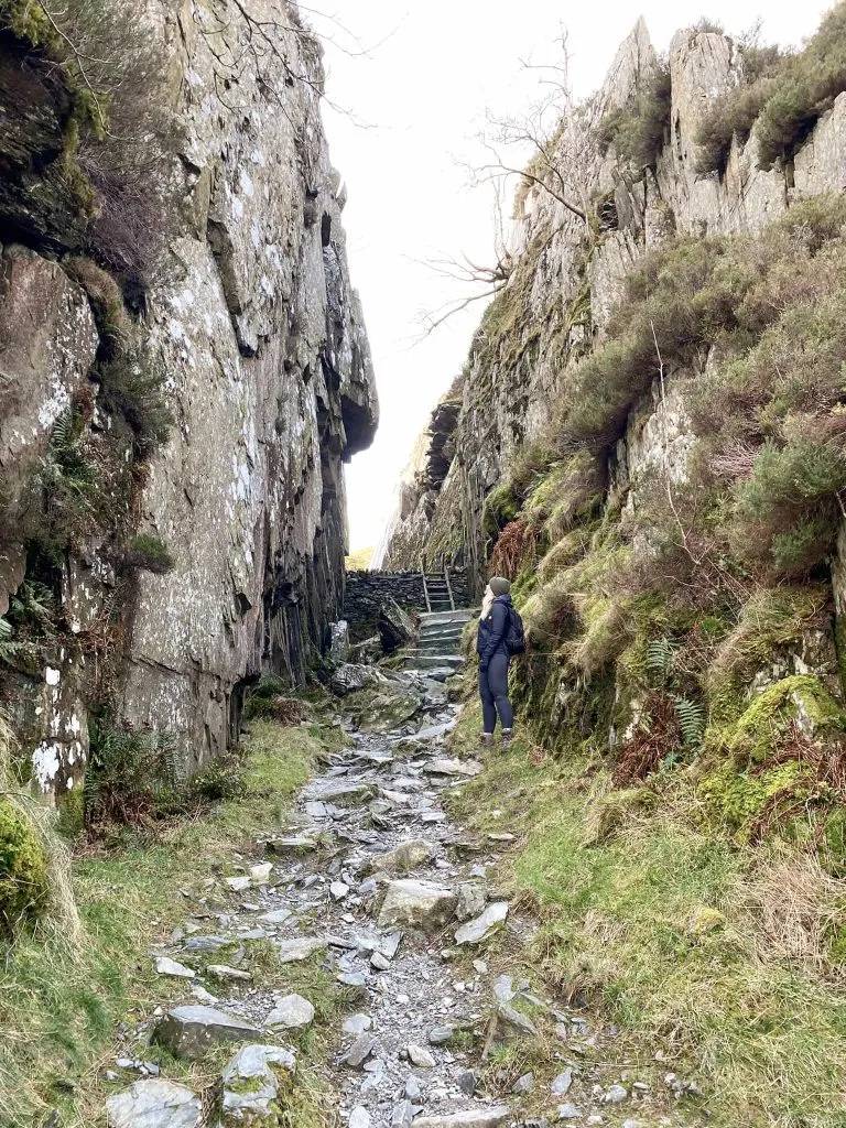 A woman with blonde hair looks up at the sides of a rocky chasm