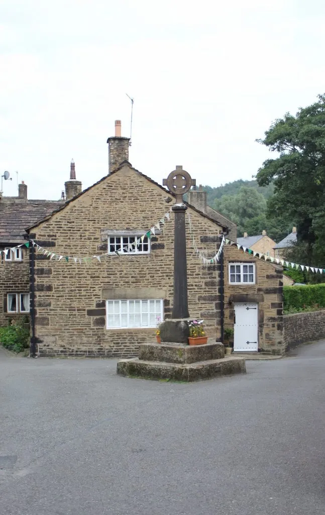 Market Place in Old Glossop with bunting and a market cross