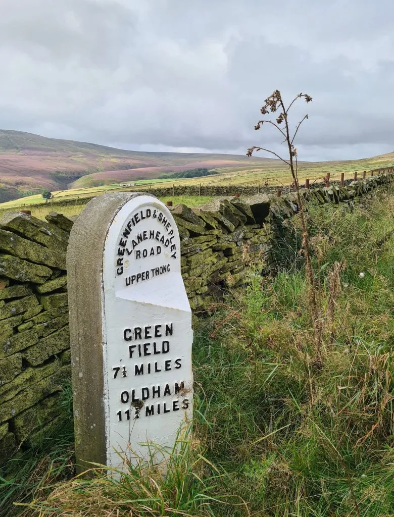 Milestone on Greenfield Road with purple moorland covered with heather in the background