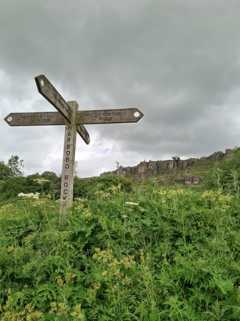 A wooden signpost with Harboro Rocks on