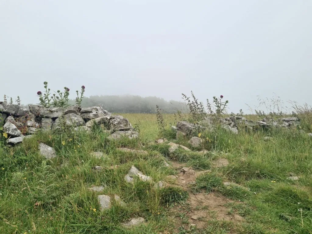 Minninglow in the mist as seen over a small tumbledown stone wall