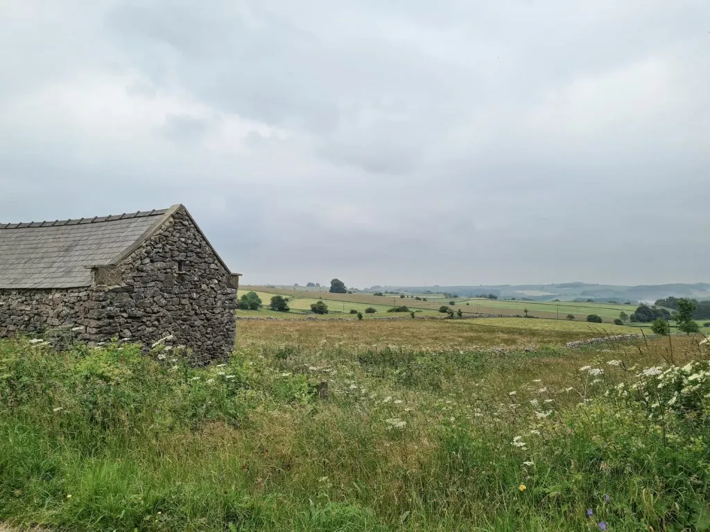 An old stone barn in a wildflower meadow