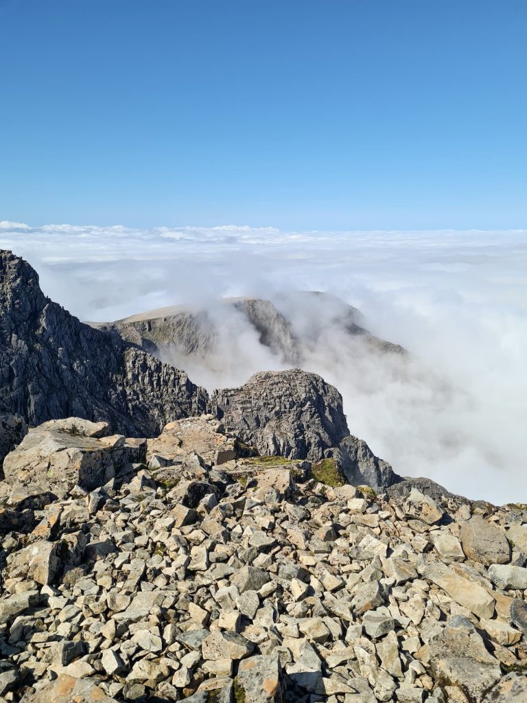 Mist and a cloud inversion on Ben Nevis near Gardyloo Gully