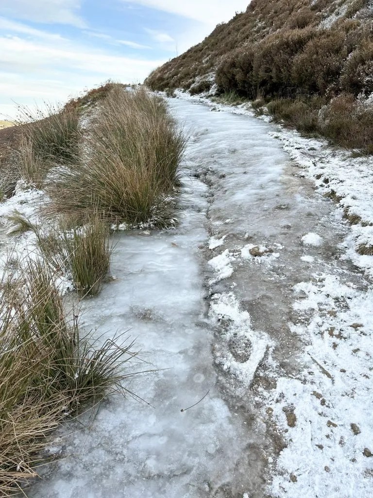An icy track leading from Blackpool Bridge