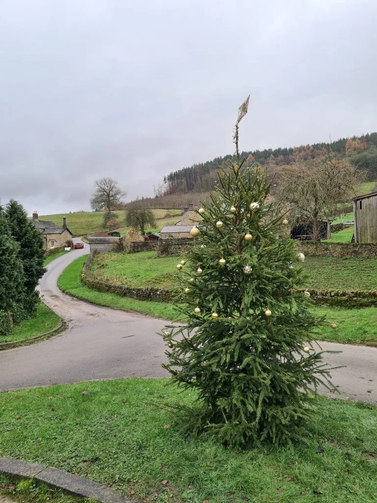 Small Christmas tree decorated with gold baubles