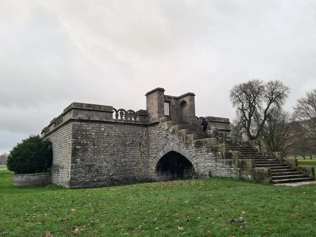 Queen Mary's Bower, Chatsworth House - a stone platform with steps leading up to it 