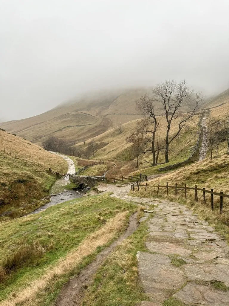 Jacobs Ladder and the packhorse bridge over the River Noe