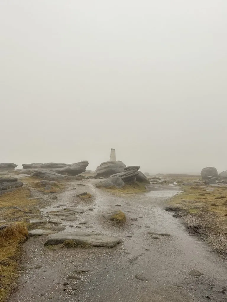 A wet and murky Kinder Low trig point