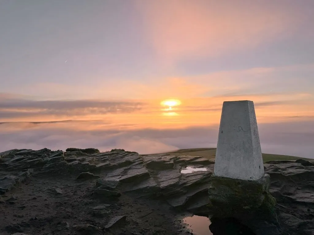 Win Hill trig point at sunrise