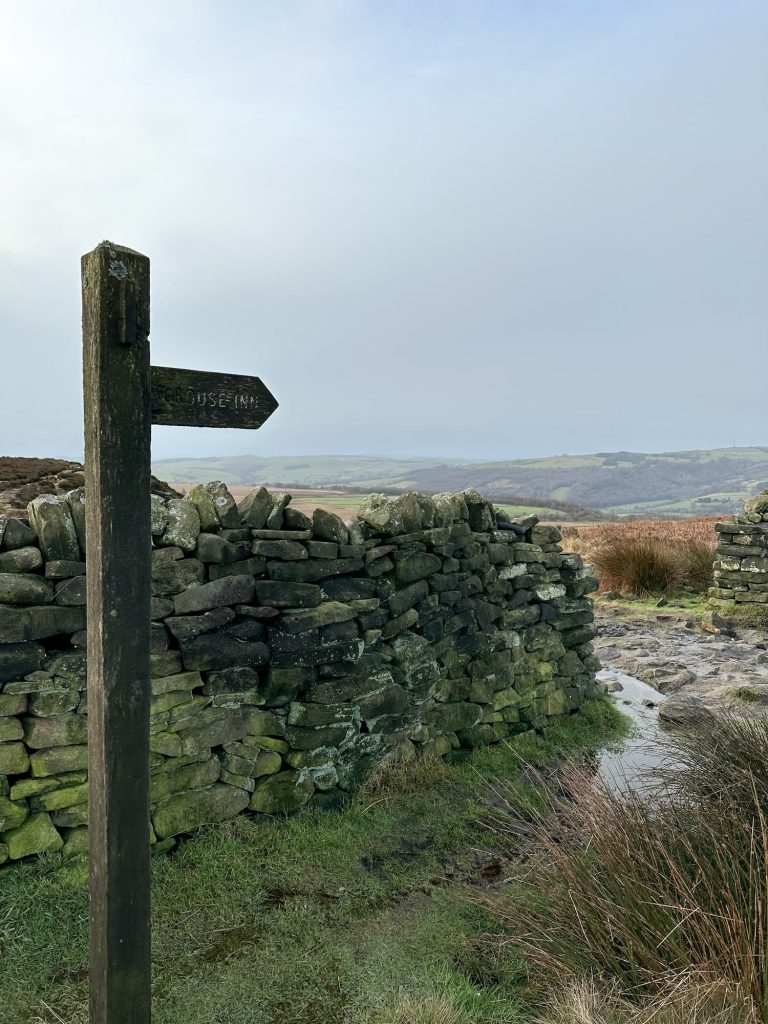 A wooden signpost showing the way to the Grouse Inn