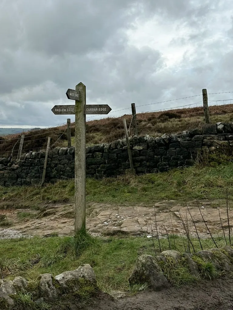 A signpost pointing to Baslow Edge, White Edge and Curbar Edge