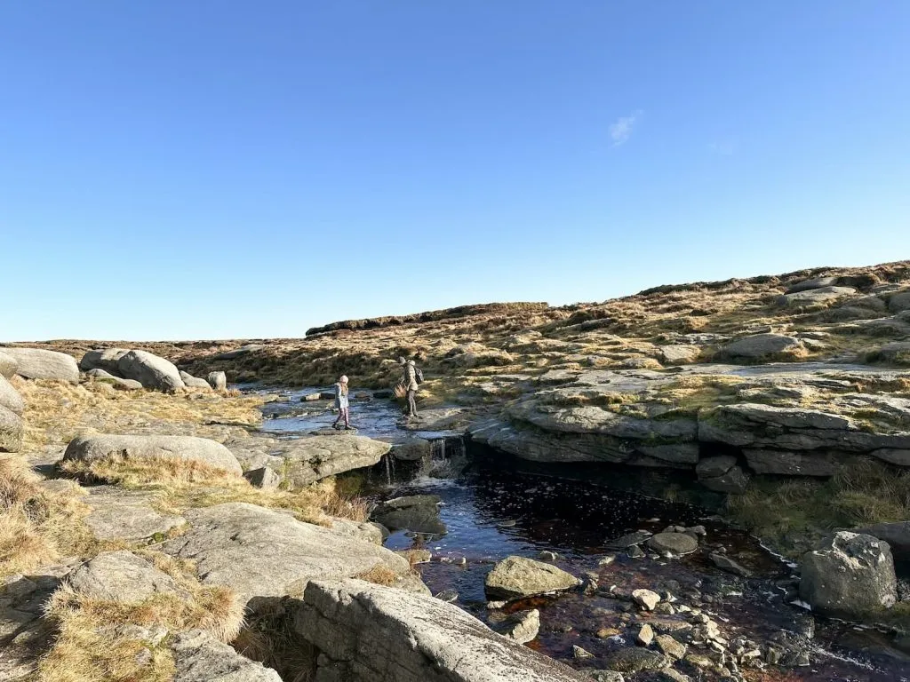 Crossing the River Kinder at the top of Kinder Downfall