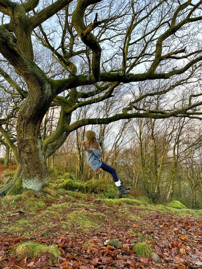 A girl in a blue coat on a rope swing in a wood