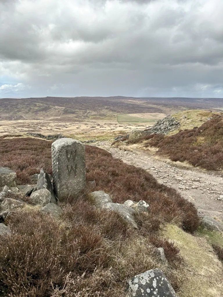 Stone boundary stone on Moscar Moor