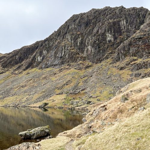 Stickle Tarn with a view of the Jack's Rake scramble up Pavey Ark