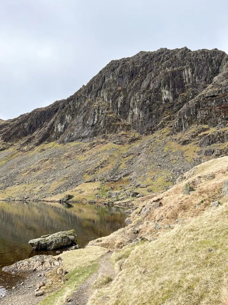 Stickle Tarn with a view of the Jack's Rake scramble up Pavey Ark