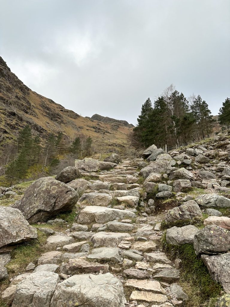 A stone stepped path leading up alongside Stickle Ghyll