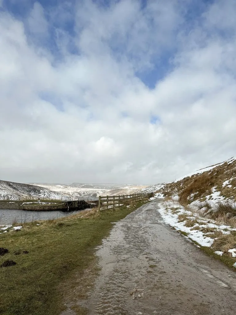 A track running alongside a reservoir in the Wessenden Valey