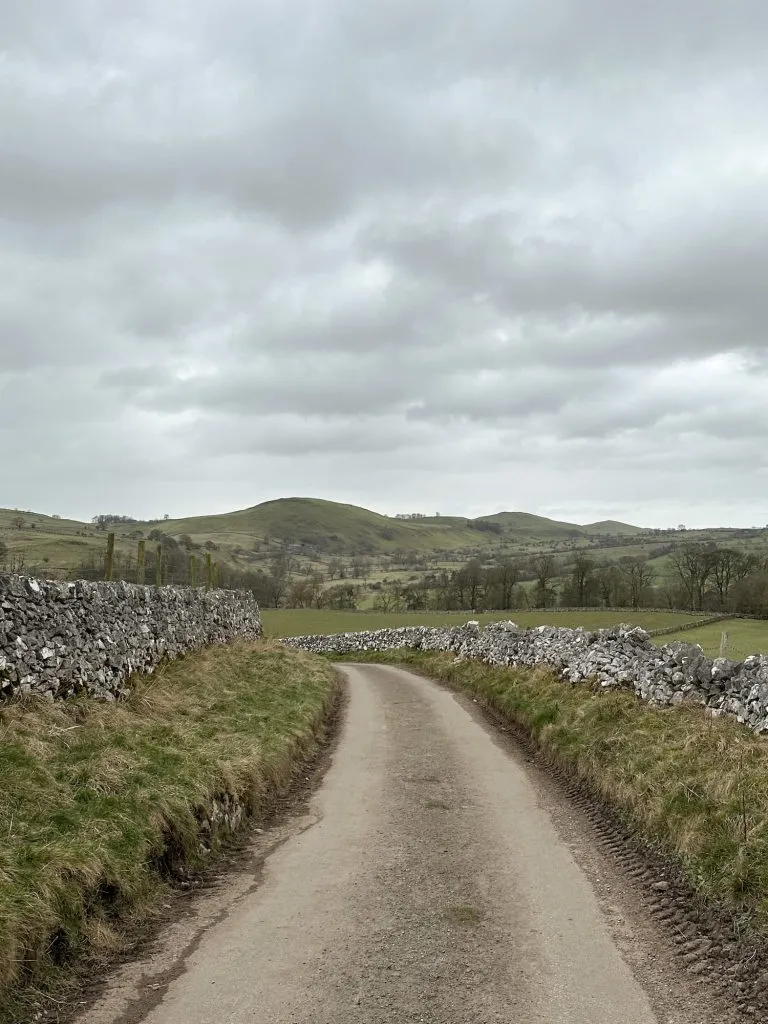 The track leading to Wolfscote Grange, with Gratton Hill and Wetton Hill in the background