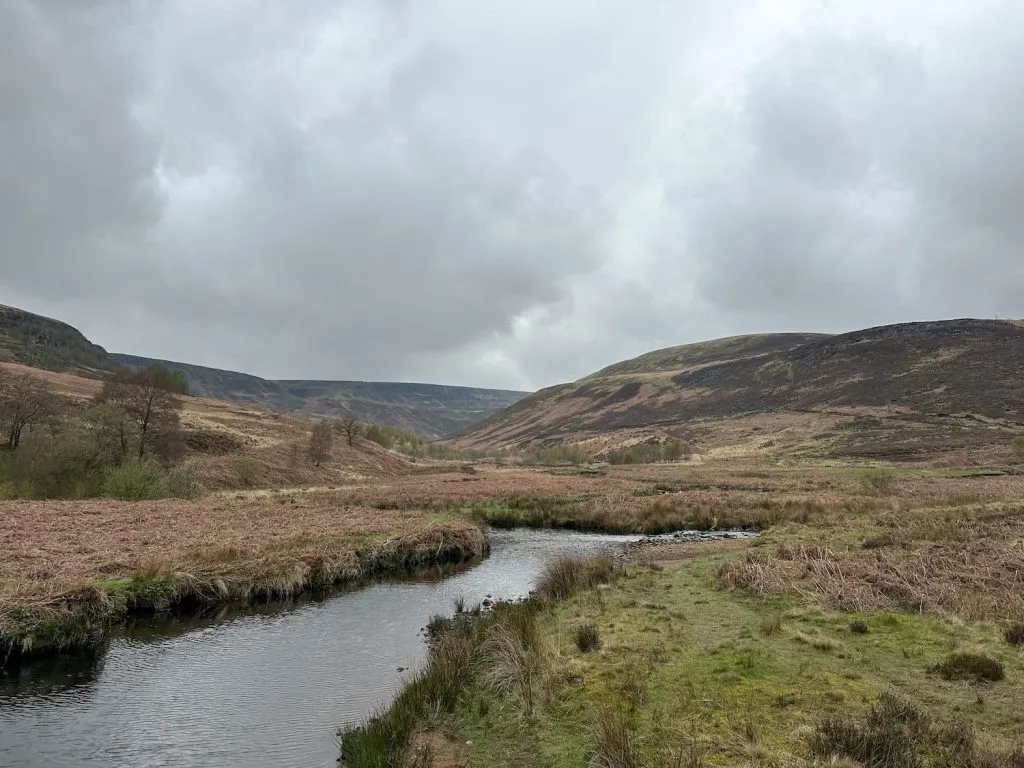 A river with a moorland view in the background