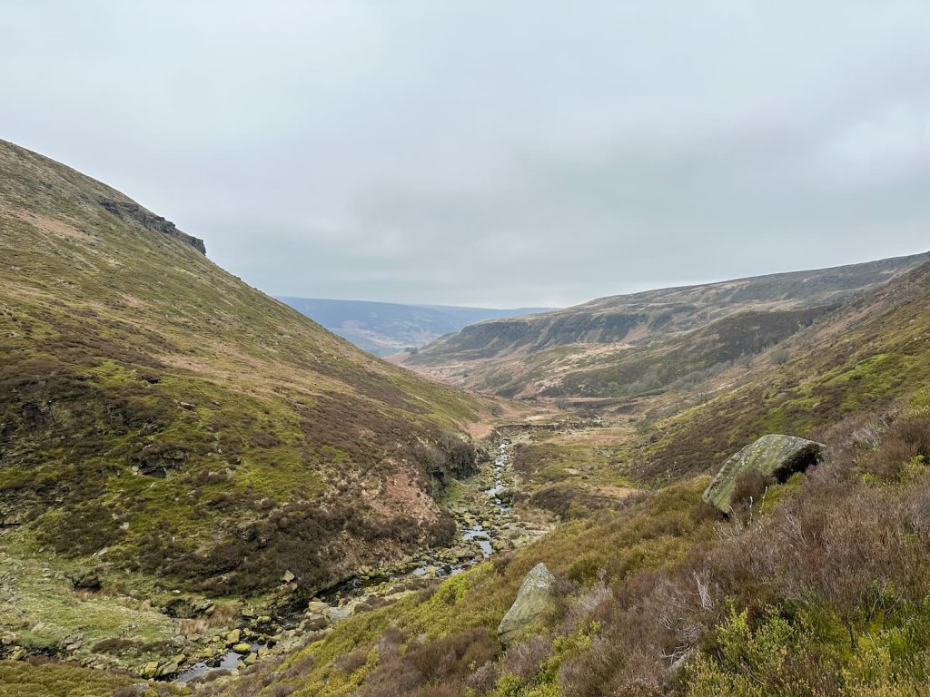 A moorland valley view with a stream in the bottom