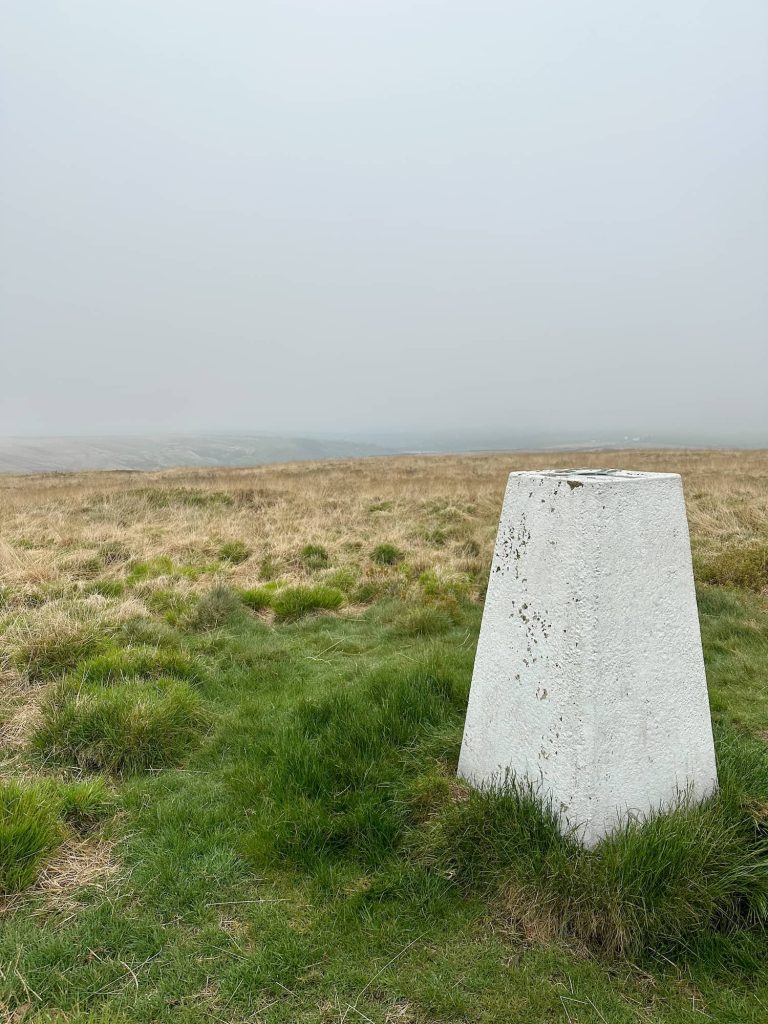 Cupwith Hill trig point, a white painted concrete pillar