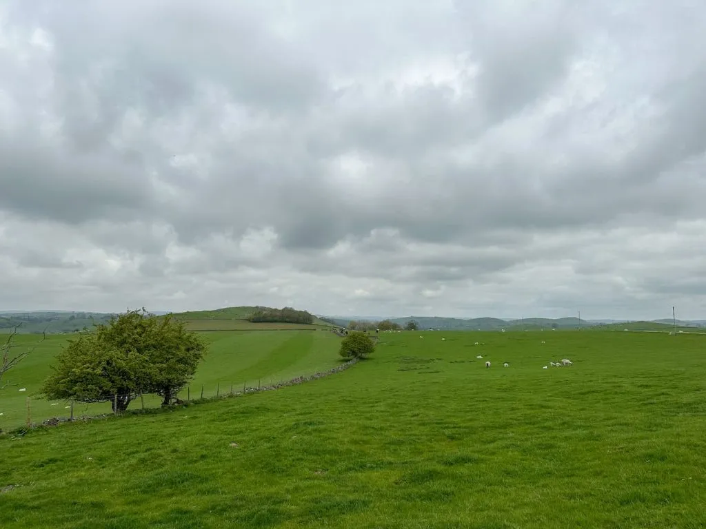A countryside view with rolling green fields and a cloudy sky
