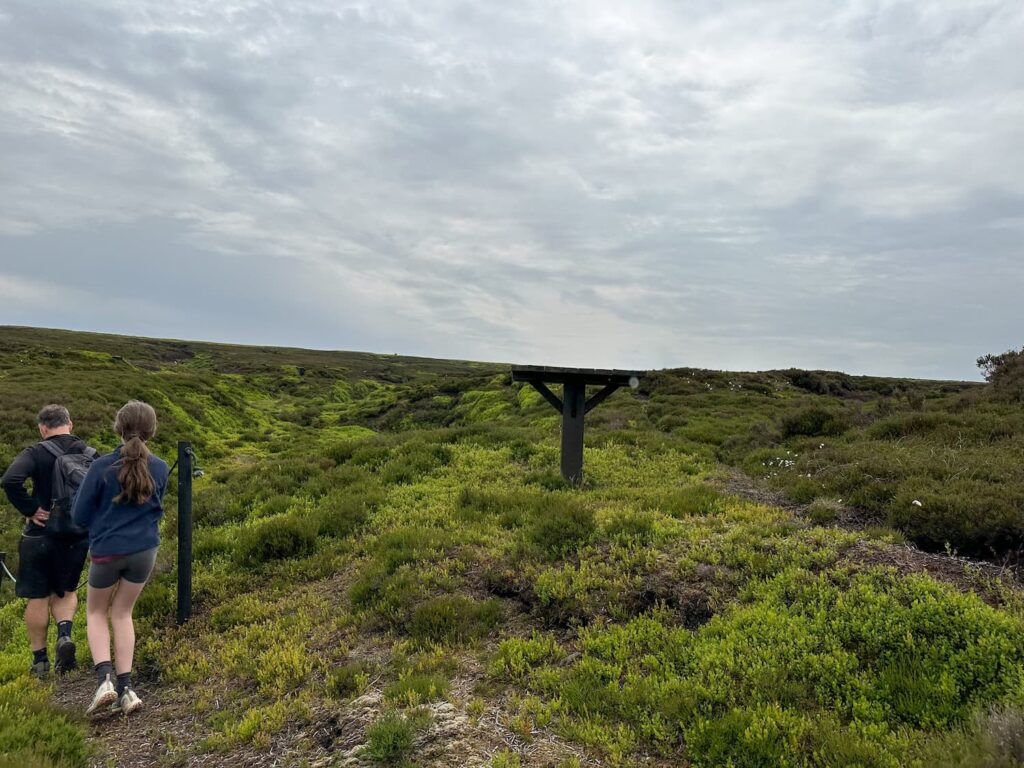 A wooden structure on the moor, similar to a high picnic table, presumably something to do with grouse hunting